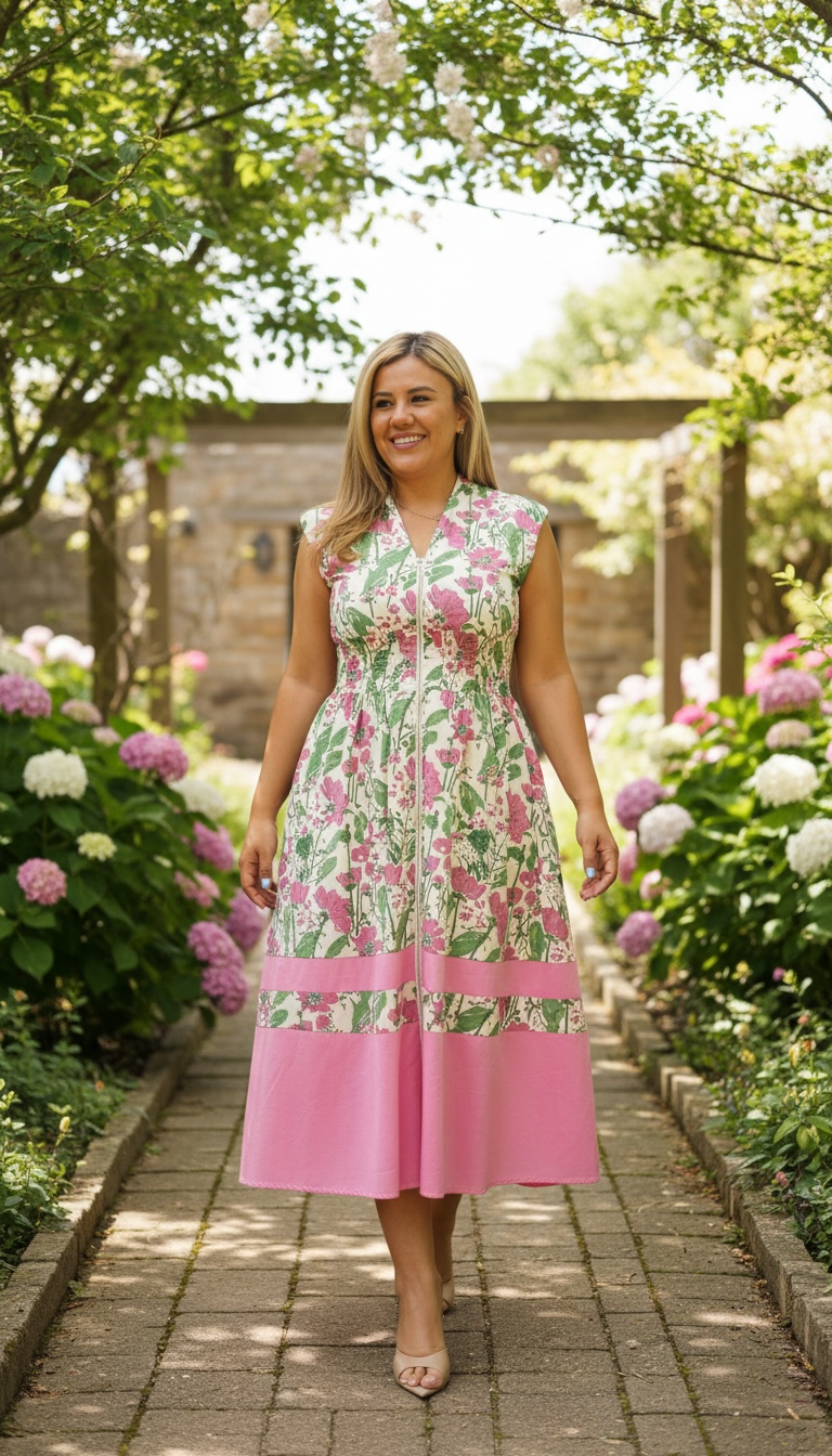 Vestido Cuello V Estampado Floral de Colores con Franja Rosa